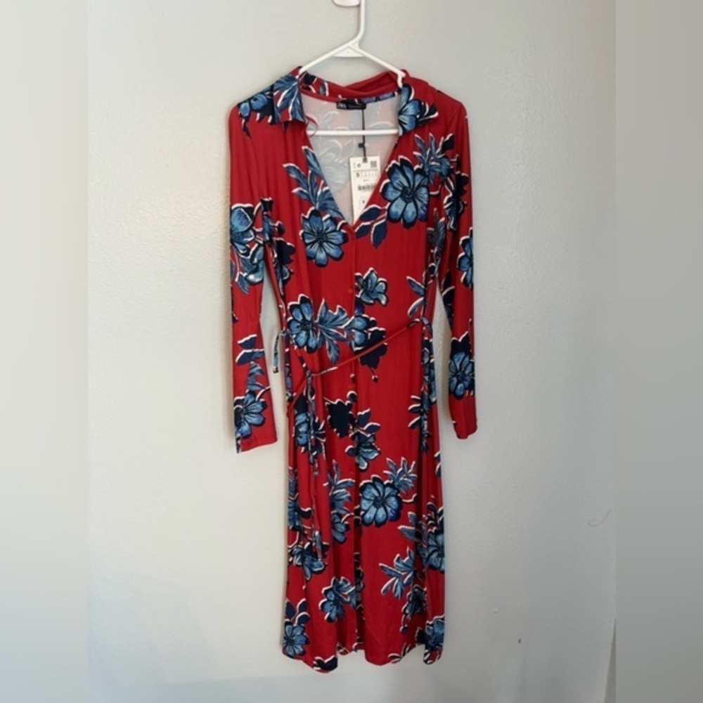 Zara Red Dress Blue Flowers Size Small NWT